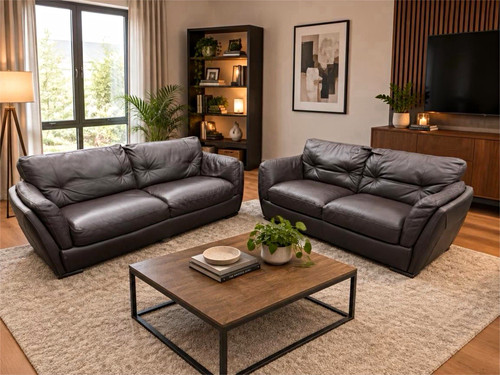 Grey leather piece sofa - grey, set